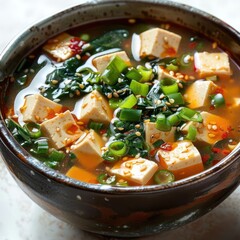 Wall Mural - A bowl of vegetable-based soup containing tofu and various garnishes.