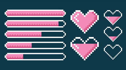 Pixel heart iсon set in retro style. the level of health in the game a strip of life and heart in pink