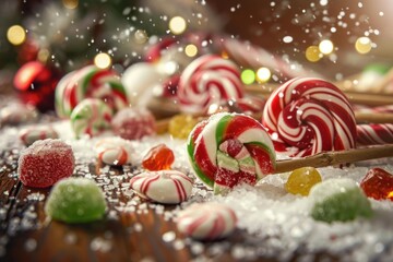 Wall Mural - Closeup of colorful holiday sweets and treats with snow effect and warm bokeh lights