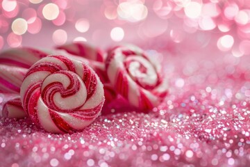 Wall Mural - Closeup of red and white striped candy canes with glittery bokeh, perfect for holiday themes