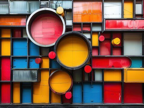 Bauhaus, geometric shapes, primary colors, bold, functional.