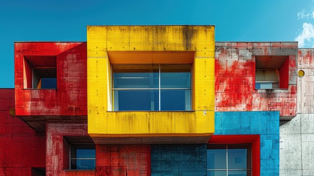 Bauhaus, geometric shapes, primary colors, bold, functional.
