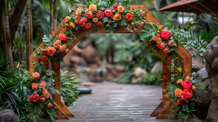 rustic wooden hexagon decorated with greenery and flowers, perfect for an outdoor wedding 