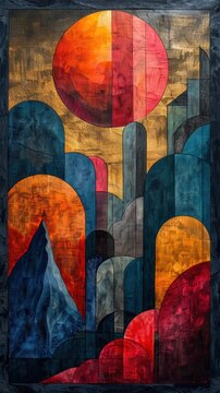 Bauhaus, geometric shapes, primary colors, bold, functional.