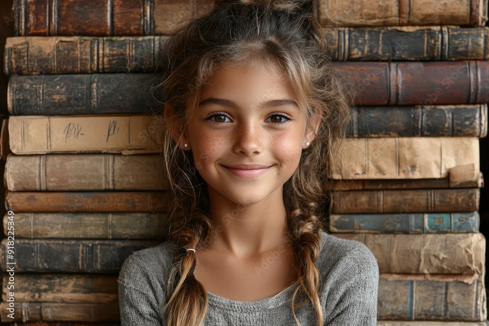 Young Girl with Long Hair Standing in Front of Bookshelf Stock Photo ...