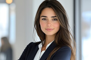 Wall Mural - Portrait of a Young Woman with Long Brown Hair and a Warm Smile