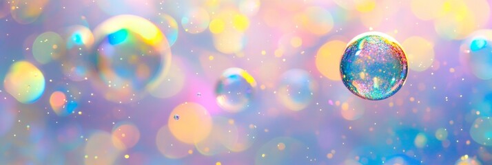 Poster - Abstract Background with Iridescent Bubbles and Soft Colors - A dreamy abstract background with iridescent bubbles floating on a soft pastel background, symbolizing ethereal beauty, wonder, and the de