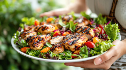 Wall Mural - Photo of a woman serving a plate of colourful salad and chicken. AI generative.