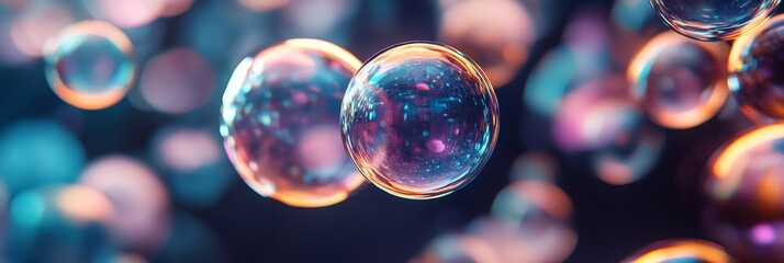Poster - Abstract Colorful Bubbles in Motion - A vibrant image showcasing iridescent bubbles floating against a dark background, symbolizing concepts of fragility, beauty, fluidity, and the interconnectedness 