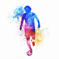 vibrant watercolor illustration of a soccer player dribbling the ball, with splashes of bright colors creating a dynamic and energetic scene on a white background.