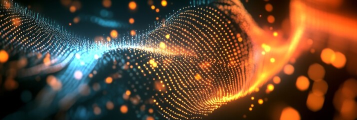 Poster - Abstract Digital Flow: Orange and Blue Light Streaks - A digital abstract image featuring a swirling flow of blue and orange light streaks.  The image symbolizes movement, energy, data, and technology