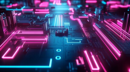 Poster - Abstract Futuristic Circuitry with Neon Lights - A close-up of a futuristic circuit board with glowing neon lines, symbolizing technology, innovation, connectivity, data flow, and digital transformati