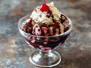 Wall Mural - Decadent Ice Cream Sundae with Chocolate Sauce Whipped Cream and Cherry Served in Glass Bowl