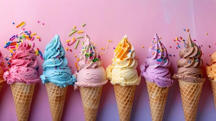 Wall Mural - Colorful Array of Tempting Ice Cream Cones with Sprinkles and Toppings on Pastel Background