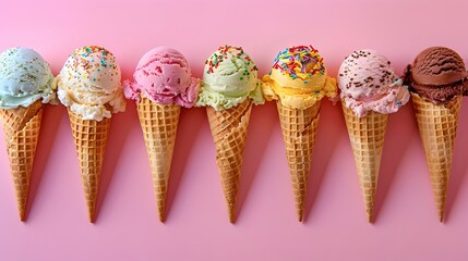 Wall Mural - Colorful Array of Delightful Ice Cream Cones with Assorted Flavors and Toppings on Pastel Background