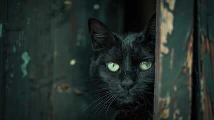 Wall Mural - Black cat with emerald eyes hiding in an animal shelter, hoping for a second chance.