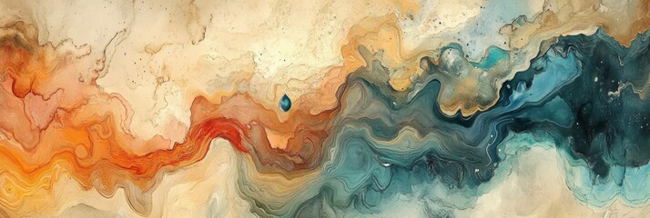 Poster - Abstract Watercolor Painting of Swirling Colors - An abstract painting featuring swirling colors of blue, green, orange, and brown, symbolizing the flow of life, the power of nature, the beauty of cha