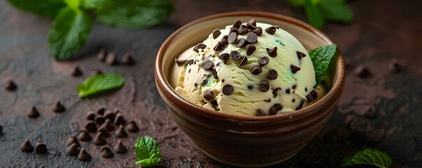 Wall Mural - Delightful Mint Chocolate Chip Ice Cream Scoop in Ceramic Bowl with Fresh Mint Leaves