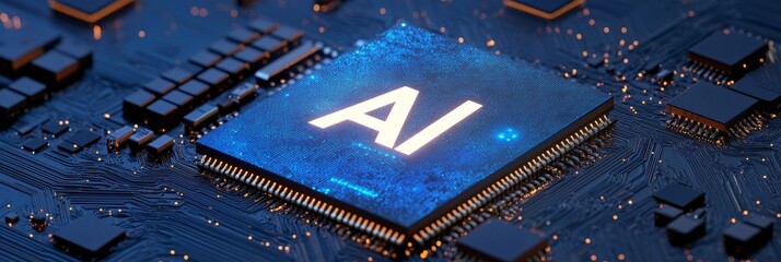 Poster - AI Chip on Circuit Board - Future of Technology - A close-up of an AI chip on a circuit board. The chip is glowing blue, symbolizing the power and potential of AI technology. The intricate circuitry s