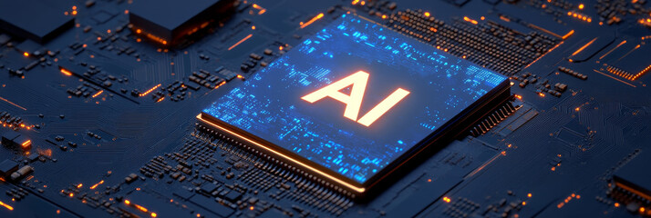 Poster - AI Chip on Circuit Board - Futuristic Technology - A close-up shot of an AI chip on a circuit board. The chip glows with a blue light, and the letters 