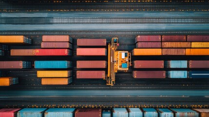 Poster - Aerial View of Cargo Containers and Crane at a Shipping Terminal - An aerial view of a cargo container terminal with a crane lifting a container. The image symbolizes global trade, logistics, transpor