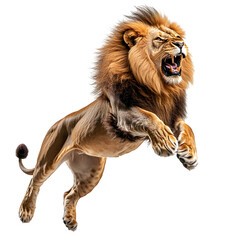 majestic lion pouncing fiercely in sideview on isolated white transparent background png