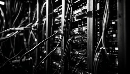 Aufkleber - A black and white photo of a computer server room with many wires and cables