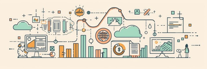 Poster - Business Growth Strategy with Data Analytics and Cloud Computing - This illustration depicts a business growth strategy utilizing data analytics, cloud computing, and process optimization to achieve s