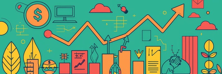 Poster - Business Growth and Success: Upward Trend with Financial Icons - This illustration depicts the concept of business growth and success, symbolizing financial prosperity, strategic planning, innovation,