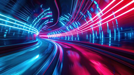 Poster - Dynamic light trails create an immersive experience in vibrant blue and red colors, perfect for technology and motion themes.