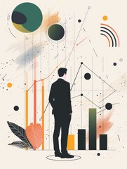 Poster - Businessman Looking at Growth Charts and Data - A businessman stands in front of a data visualization, symbolizing progress, growth, strategy, analysis, and future success.