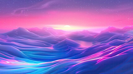 Poster - A vibrant digital landscape featuring soft waves of color under a glowing sunrise, creating a surreal dreamlike atmosphere.