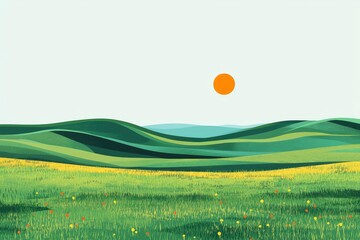 Wall Mural - Abstract Green Hills and Orange Sun