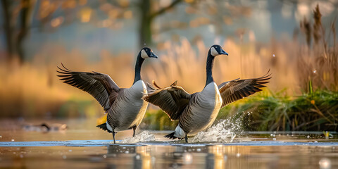 Wall Mural - geese pair defending territory against intruders, wildlife, birds, territorial, pairing, geese