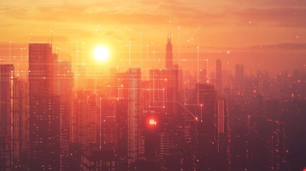 Poster - Cityscape at Sunset with Digital Network Connections - A cityscape silhouetted against a vibrant sunset, with a digital network overlay symbolizing connectivity, technology, progress, urban developmen