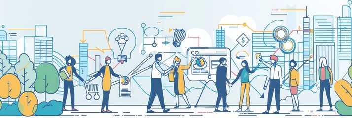 Poster - Collaborative Innovation: Team Working Together to Achieve Success in a Modern Cityscape - A team of diverse individuals are collaborating and brainstorming ideas, symbolizing teamwork, innovation, cr