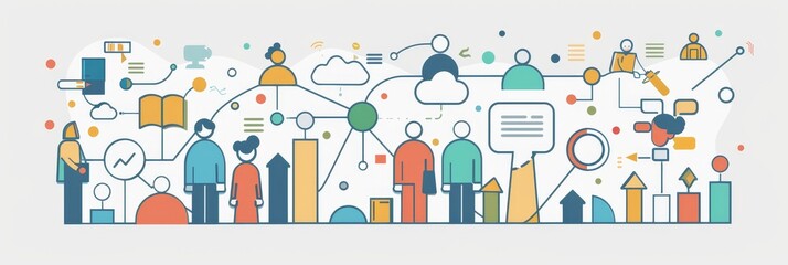 Poster - Collaborative Network and Growth: Business and Teamwork Concept - A diverse group of people connect and collaborate, symbolized by interconnected lines and icons representing communication, knowledge,