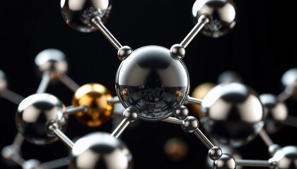 high-tech molecular design featuring interlocking spheres in silver and gold against a deep black background presenting a sleek and modern appearance