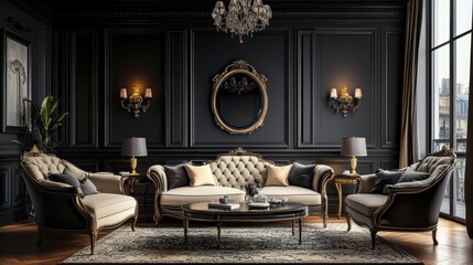 Modern living room interior with black walls, granite floor, brown sofa standing near round coffee table and wall lamp and round glass.