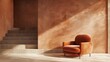 © Kanika Graphic - Terra cotta accent armchair in spacious room with steps and stucco wall Minimalist japandi interior design of modern living room