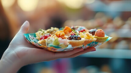 Delicious Appetizers on a Colorful Plate - A hand holding a plate of various colorful and appetizing finger foods, perfect for a party or gathering, symbolizing celebration, sharing, and delightful fl