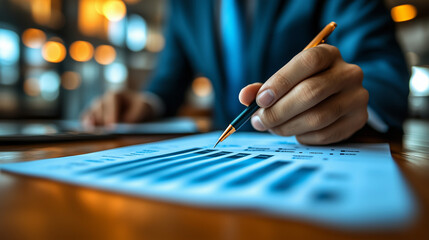 Analyzing the Data: A close-up shot of a businessman's hand meticulously analyzing a financial graph with a pen,  the soft glow of office lights reflecting in the background.  A compelling image repre