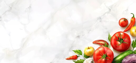 Wall Mural - Fresh vegetables on a white marble background.  Space for text.  Healthy food, cooking ingredients,  organic, vegetarian, vegan.