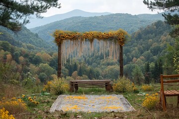 Wall Mural - Sunflowers and festoons creating a bright and cheerful boho wedding backdrop 