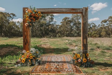 Poster - Sunflowers and festoons creating a bright and cheerful boho wedding backdrop 