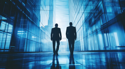 silhouette of two businessmen walking down a corridor, glass cage, blue, reflection, mirrored, urban