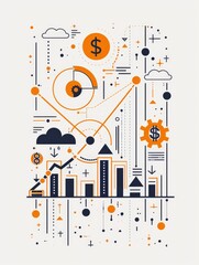 Poster - Financial Growth and Strategy Illustration - A modern abstract illustration depicting financial growth and strategy through interconnected lines, charts, and symbols representing business, investment,