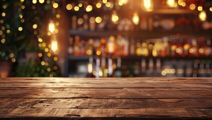 A wooden bar counter with a Christmas tree in the background