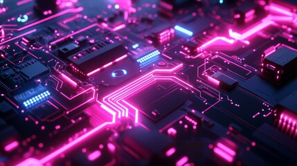 Poster - Futuristic Circuit Board with Neon Lights - This image showcases a close-up of a circuit board with glowing neon lights, symbolizing innovation, technology, connectivity, data flow, and the future of 