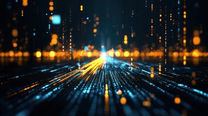 Poster - 3D render of telephone lines with cables transforming into streams of data, visualized as glowing binary code, flowing across a city skyline at dusk --ar 16:9 --personalize gzhhakh